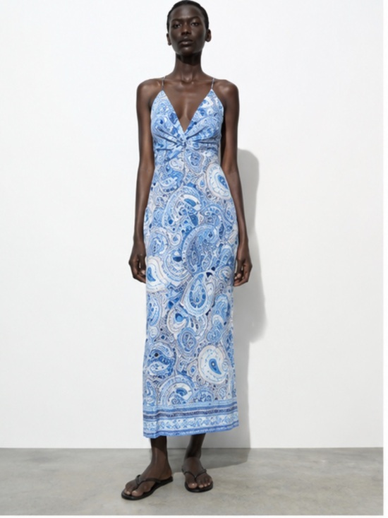 Zara Dresses & Skirts - Zara blue white greek‎ tile print paisley coastal linen maxi dress euro summer S